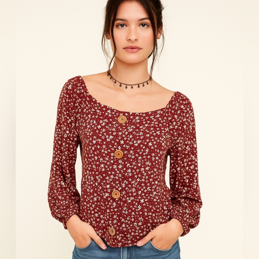 Self Esteem | Button Floral Top Boho Semi Crop shirt Scoop Elastic sleeve Sz S